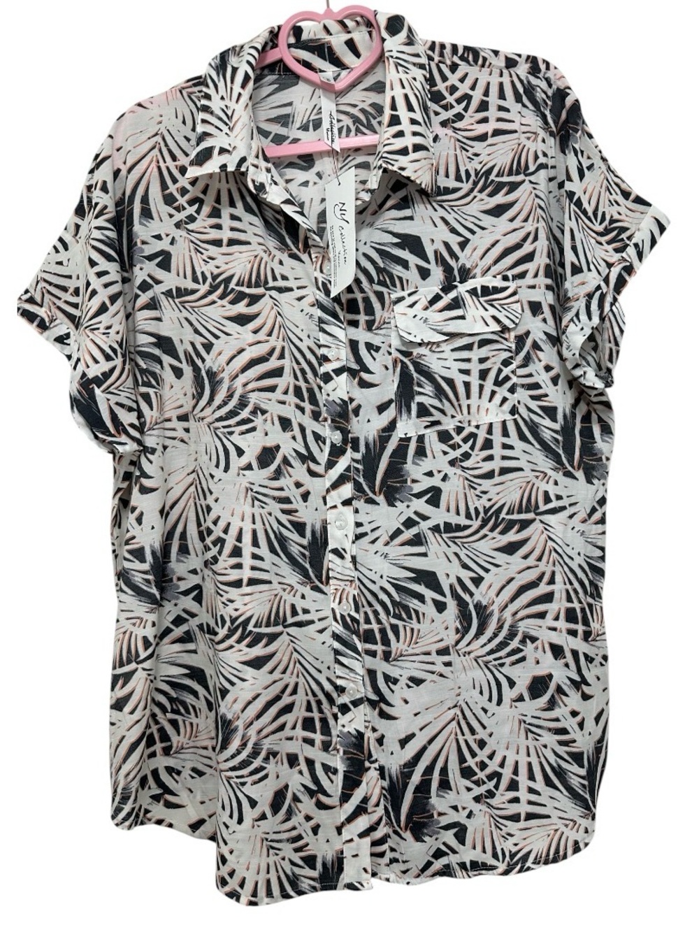 NY Collection Woman Tropical Palm Leaf Button Front Blouse Size 1X NWT